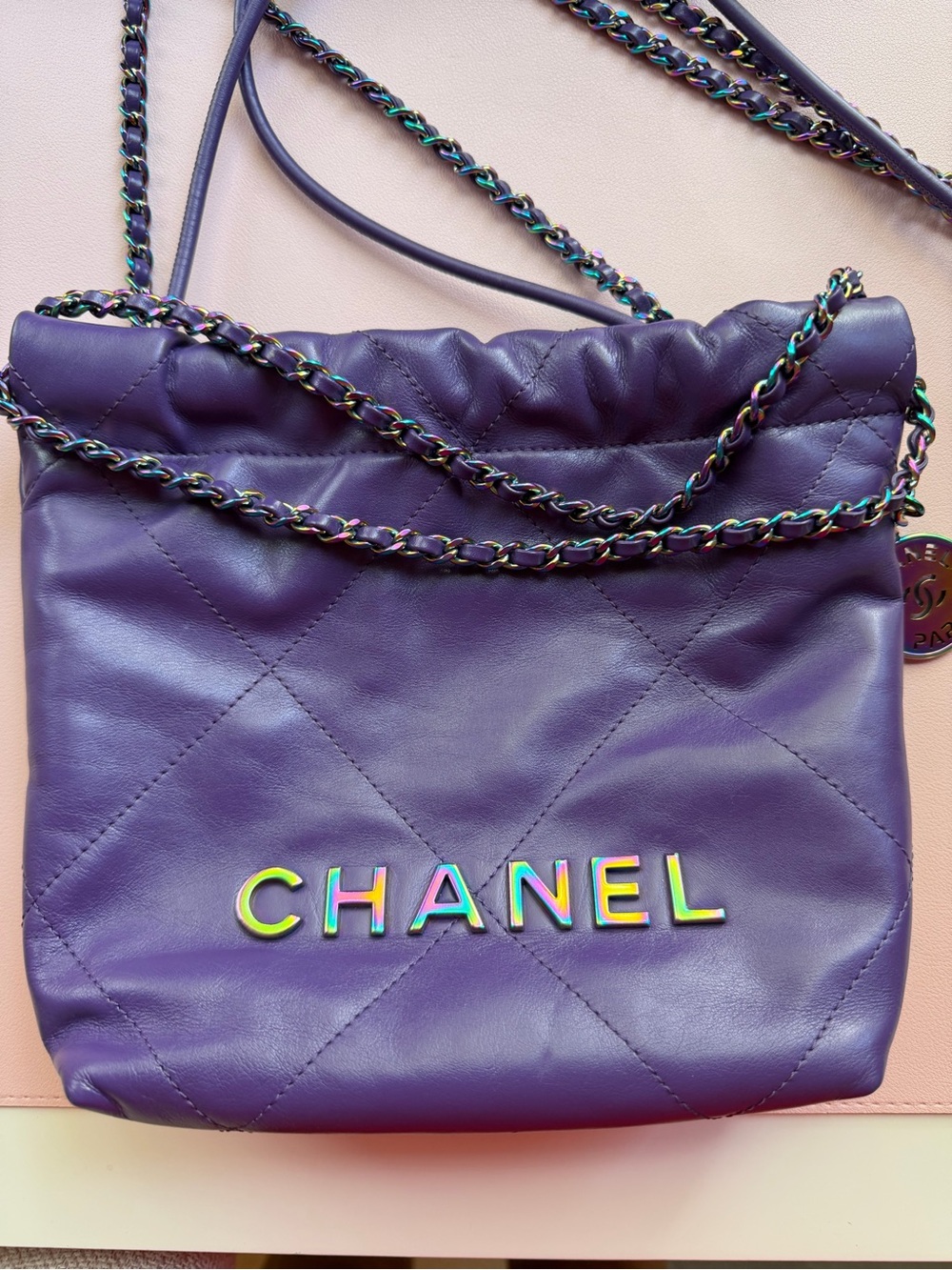 CHANEL Purple Quilted Leather Shoulder/Crossbody Bag with Iridescent Chain